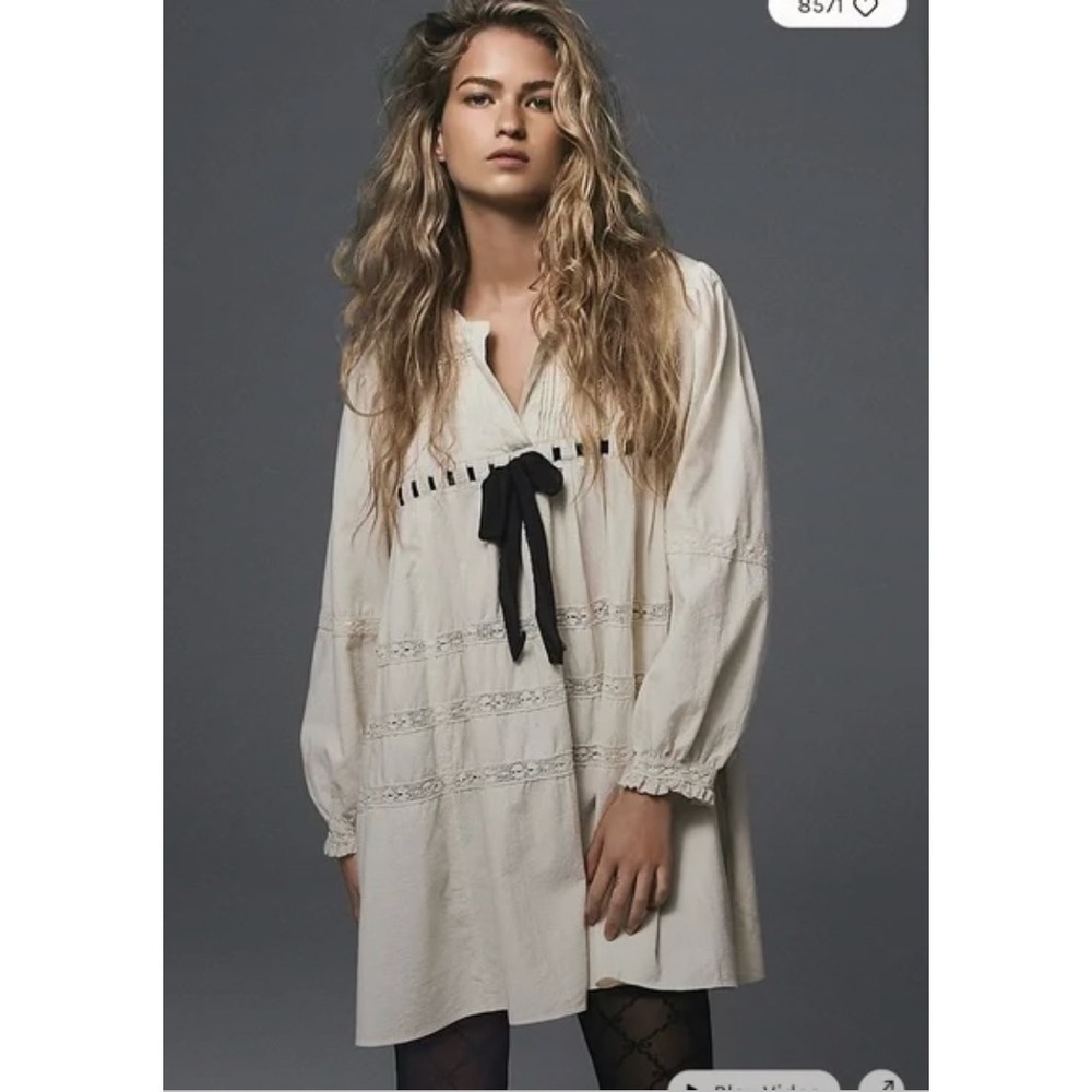 Free People Tea Time Babydoll Pintuck Dress Black Velvet Tie‎ Empire Waist Small